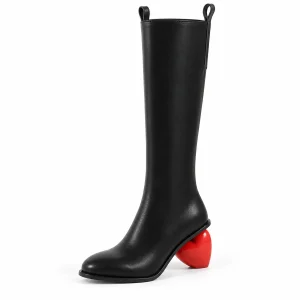 Bottes femme noires et rouges à talon en cuir avec motif cœur
