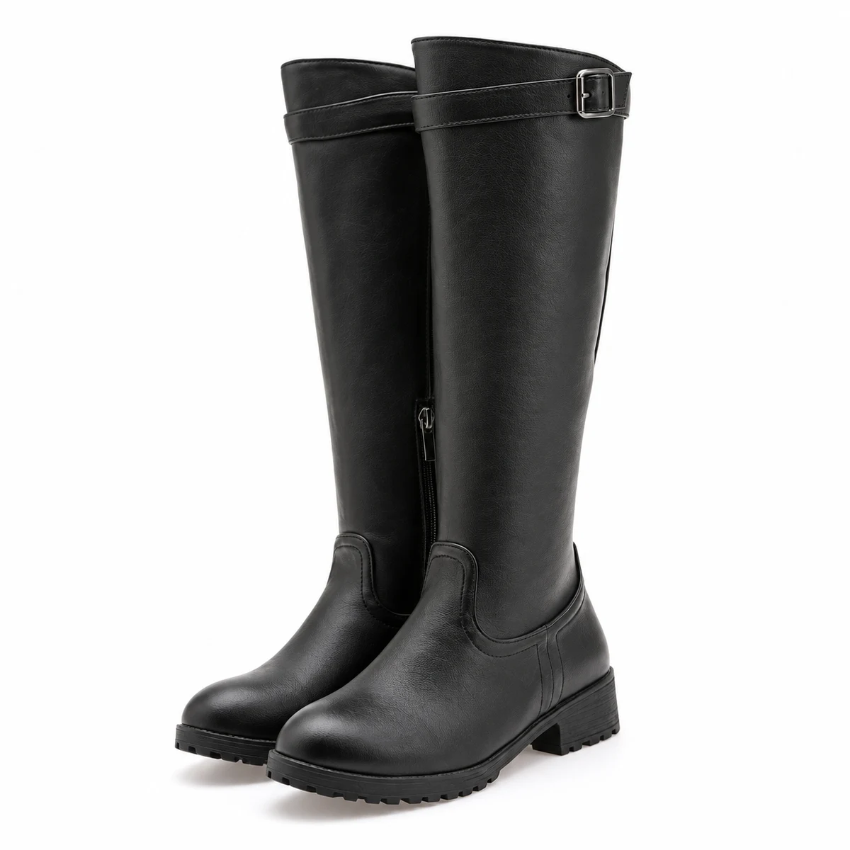 Bottes femme noires fourrées avec boucle et talon bas pour hiver