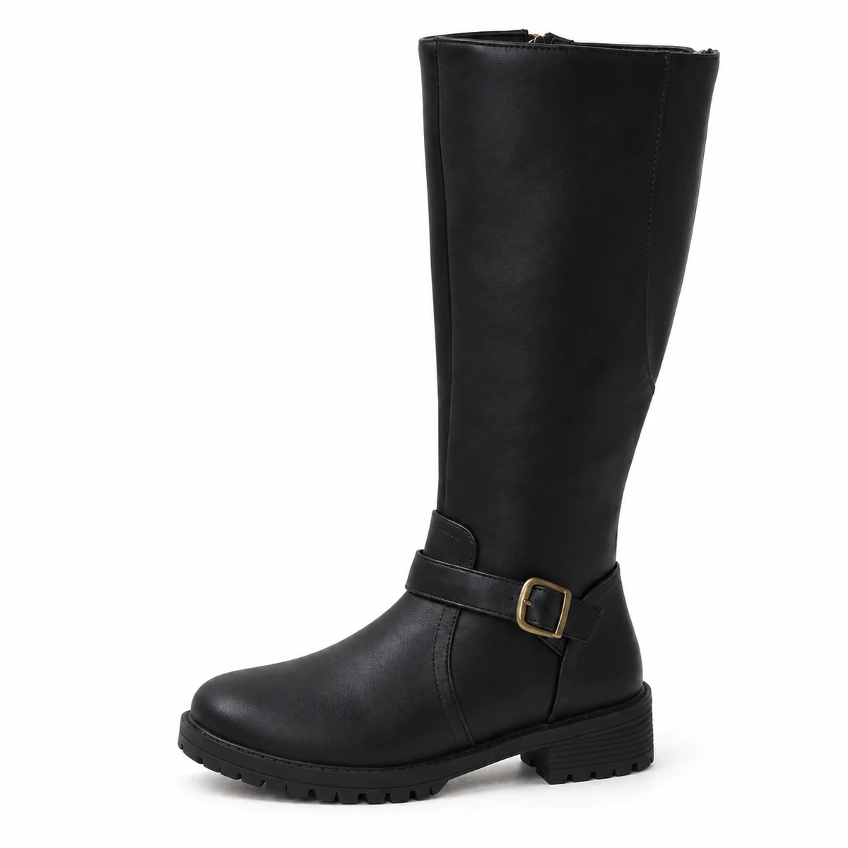 Bottes fourrées en cuir noir avec boucle décorative et talon carré