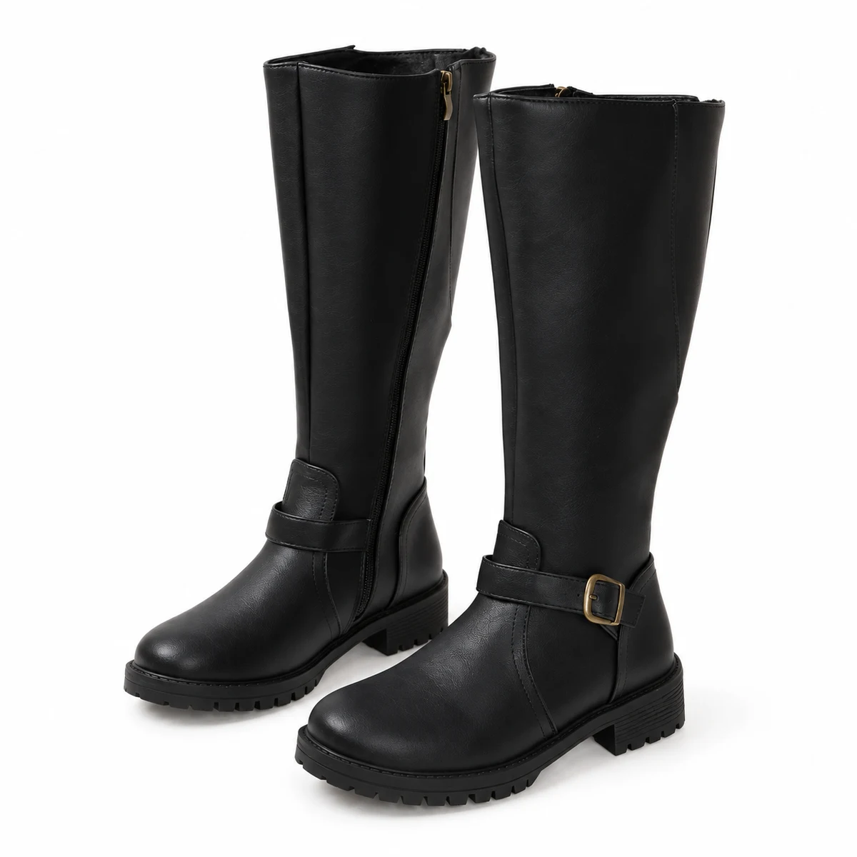 Bottes femme noires fourrées à boucle et talon carré pour hiver
