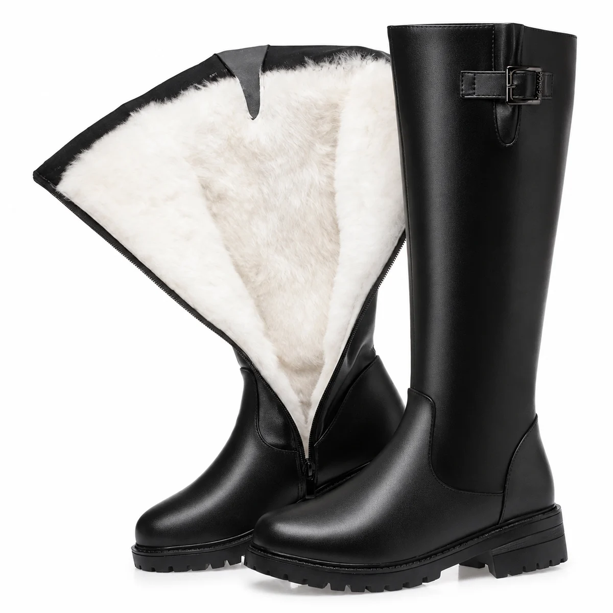 Bottes femme noires fourrées à boucle et zip