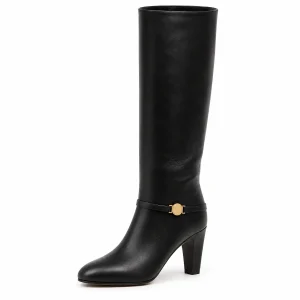 Bottes femme noires fourrées avec boucles métalliques élégantes