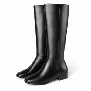 Bottes femme noires fourrées à bout carré en cuir pour hiver