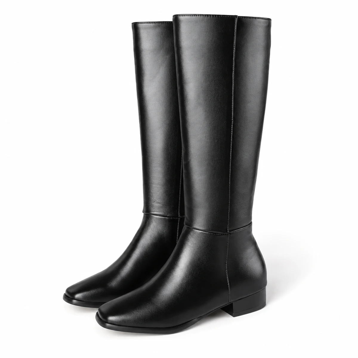 Bottes femme noires fourrées à bout carré en cuir pour hiver