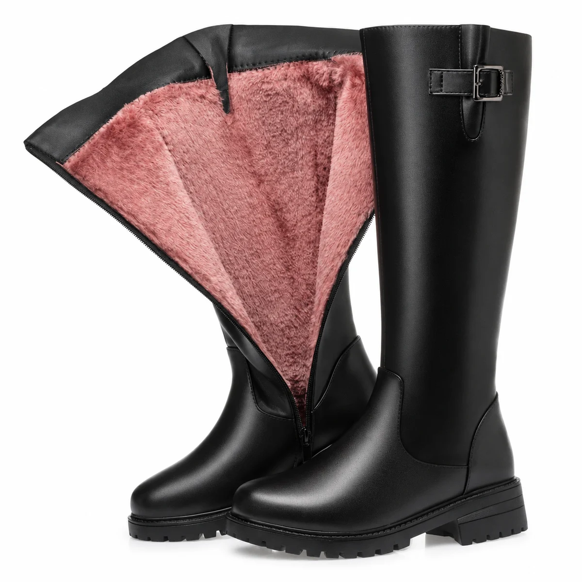 Bottes femme noires fourrées à doublure rose et boucle – Image 3