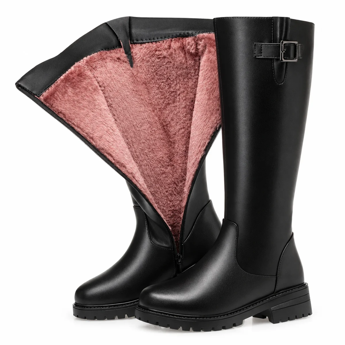 Bottes femme noires fourrées à doublure rose et boucle