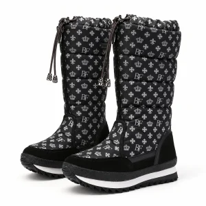 Bottes femme noires fourrées avec flocons et cordon élégantes pour hiver