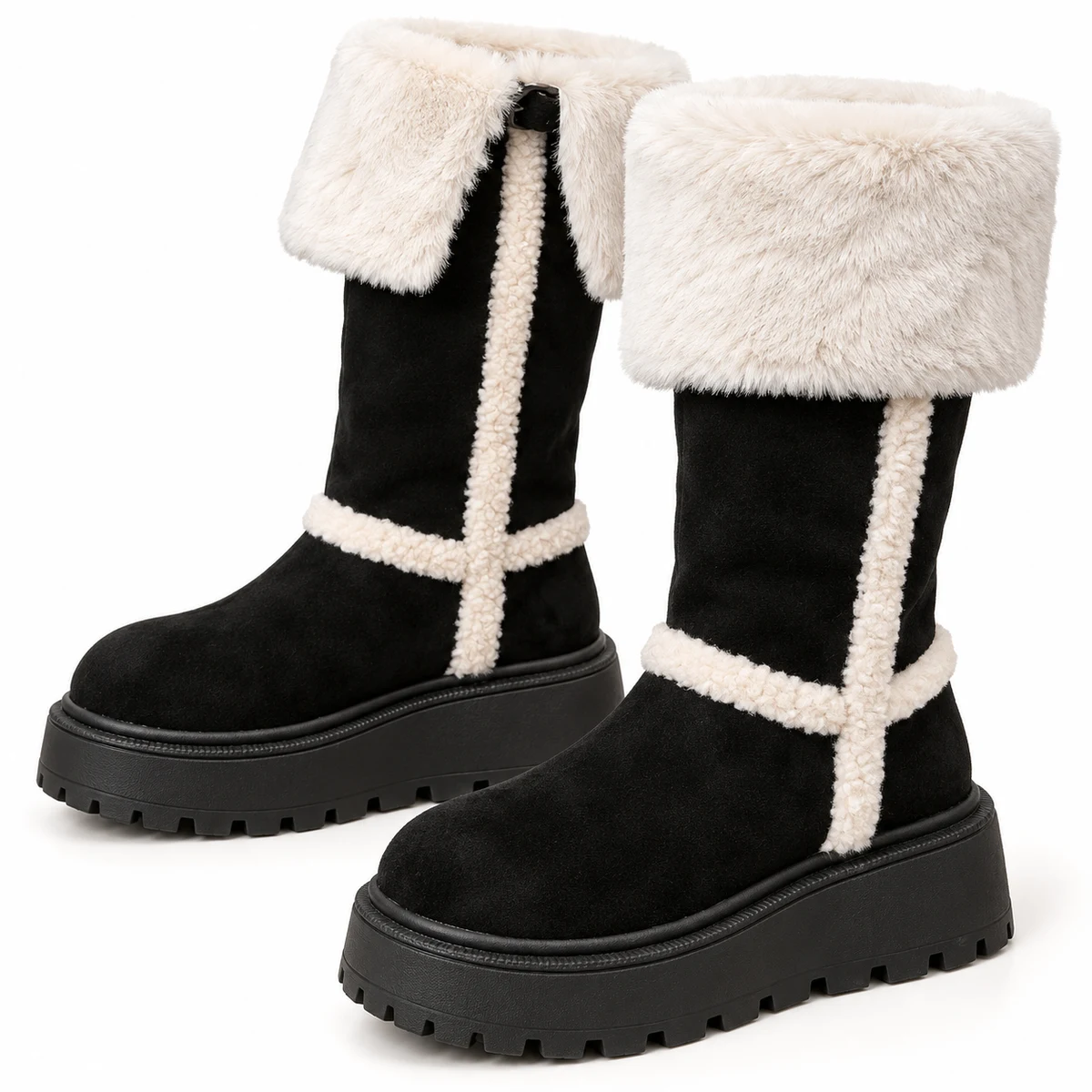Image de bottes femme noires fourrées avec grand revers clair, confort et tendance