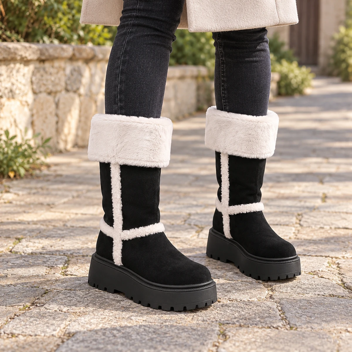 Chaussures d'hiver pour femme en cuir noir avec fourrure chaude et revers clair