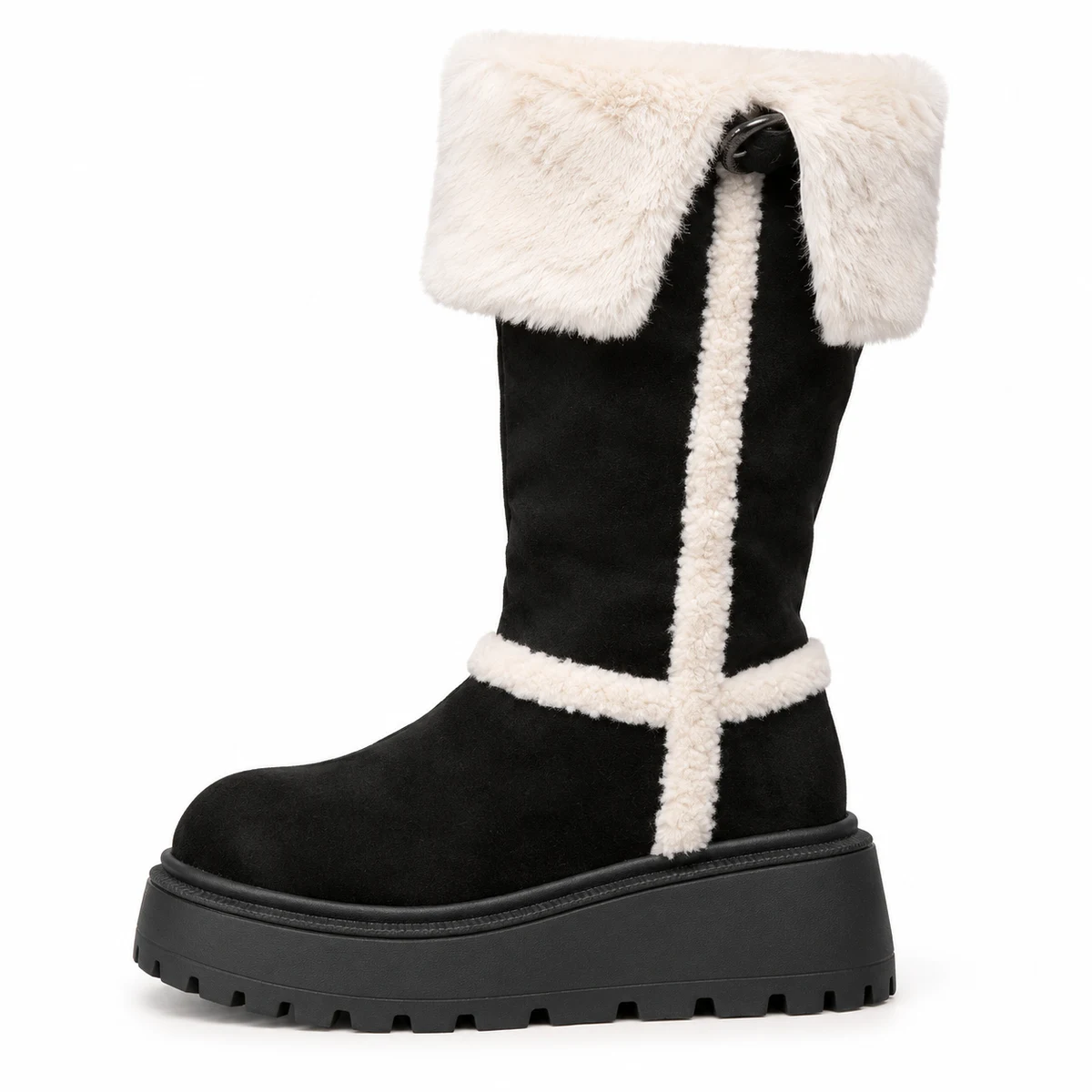 Bottes à revers clair et fourrure pour femme en coloris noir, style mode hiver