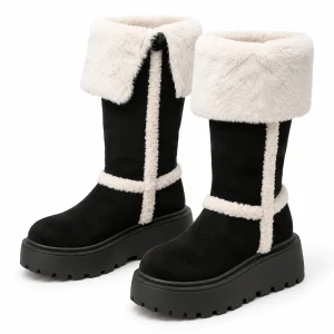 Bottes femme noires fourrées avec grand revers clair pour hiver élégante