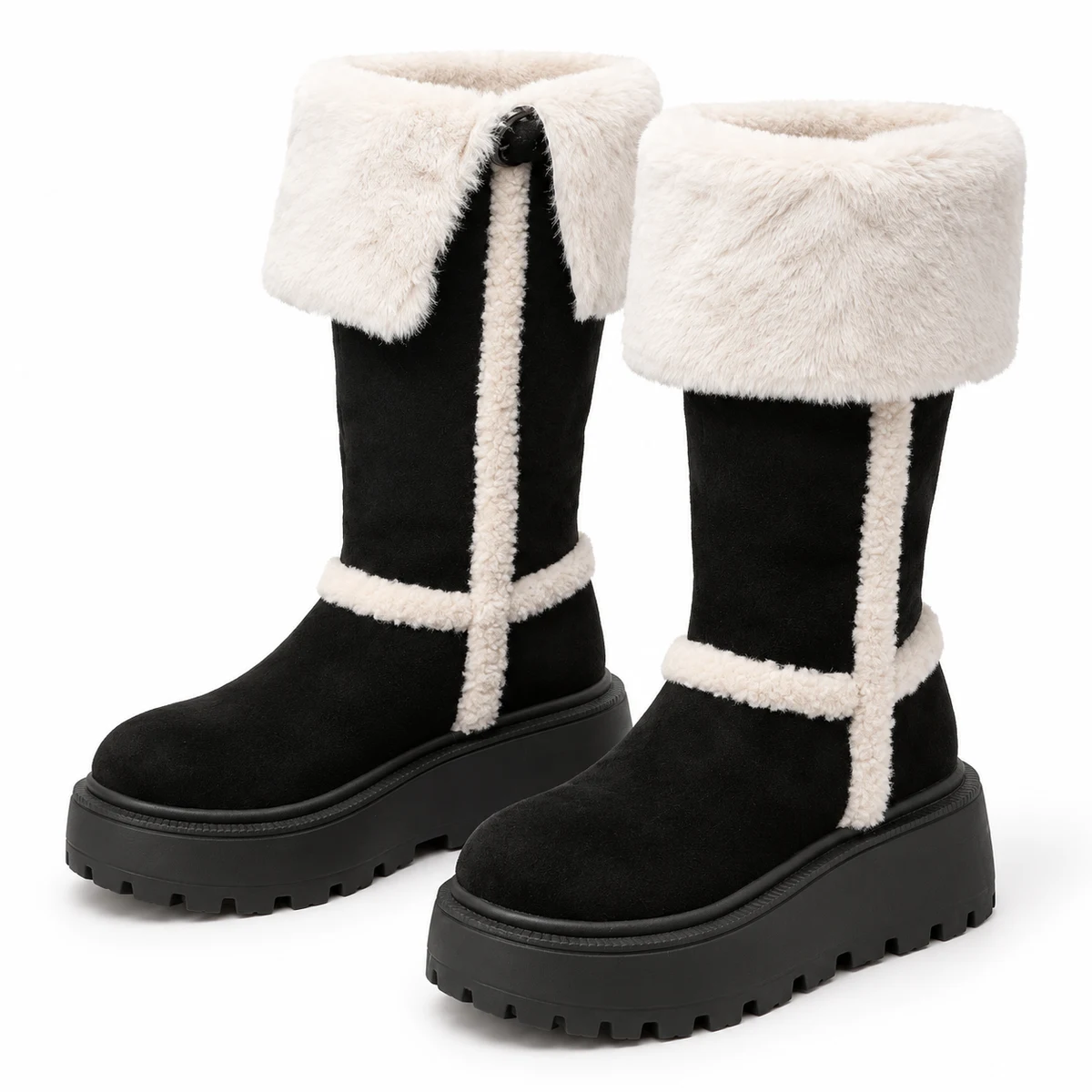 Bottes femme noires fourrées avec grand revers clair pour hiver élégante