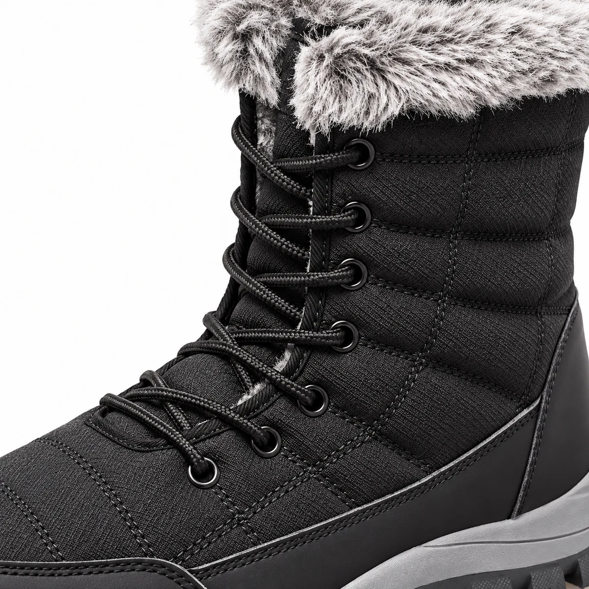 Chaussures femme hiver avec bottes noires fourrées et détails à lacets