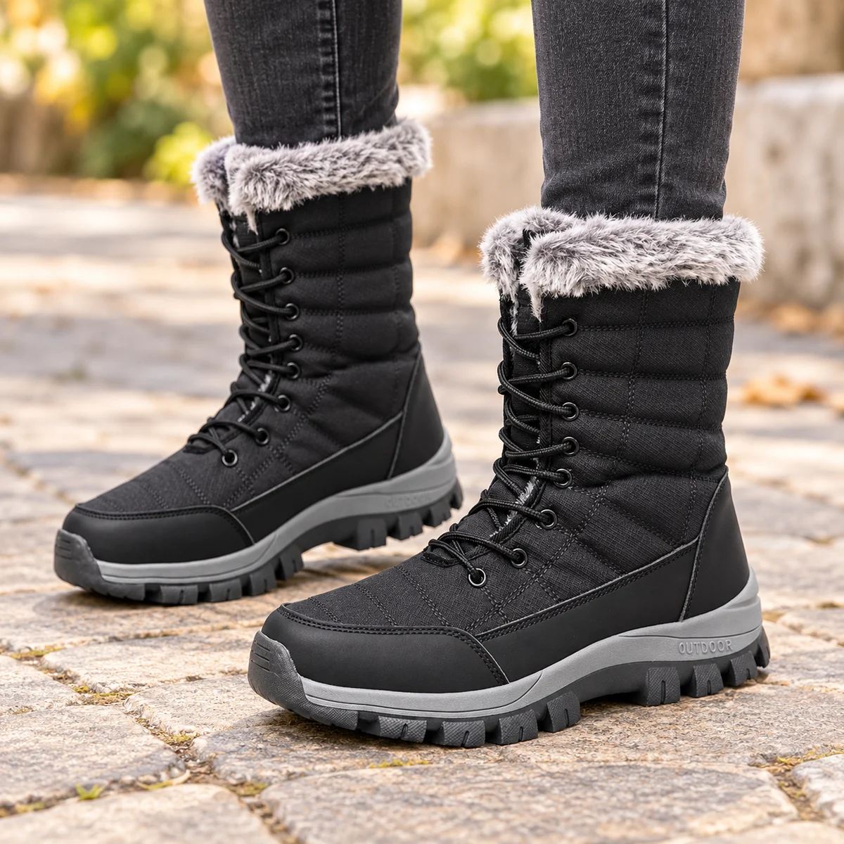 Chaussures féminines noires fourrées à lacets et col gris élégantes