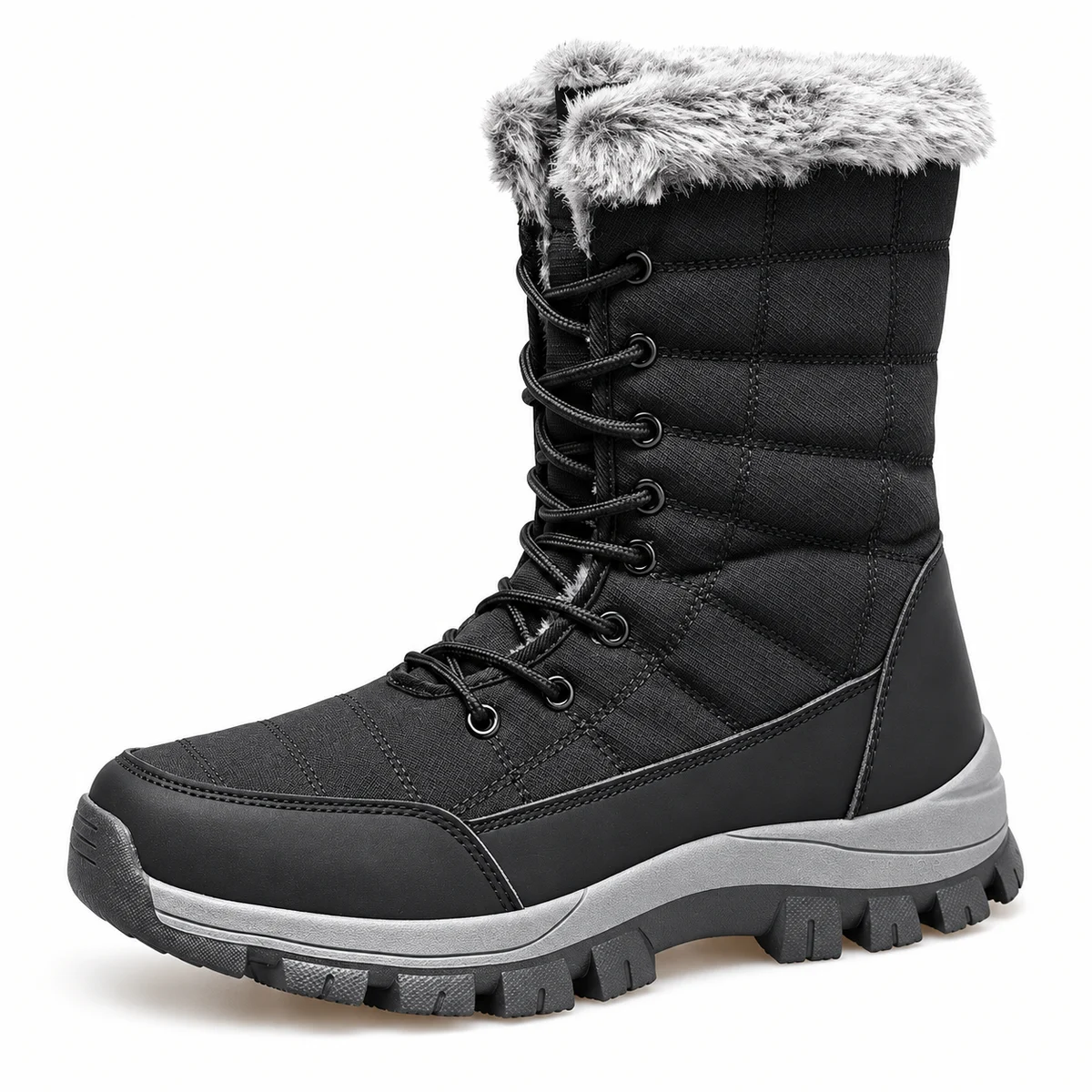 Bottes noires à lacets et fourrure pour femmes avec col gris chaud