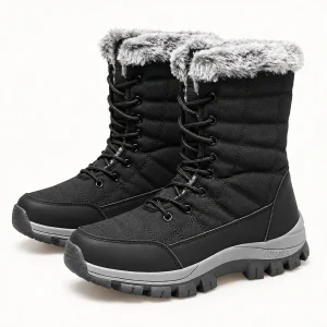 Bottes femme noires fourrées à lacets avec col gris pour hiver