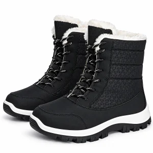 Bottes noires féminines fourrées à lacets avec motifs discrets pour hiver