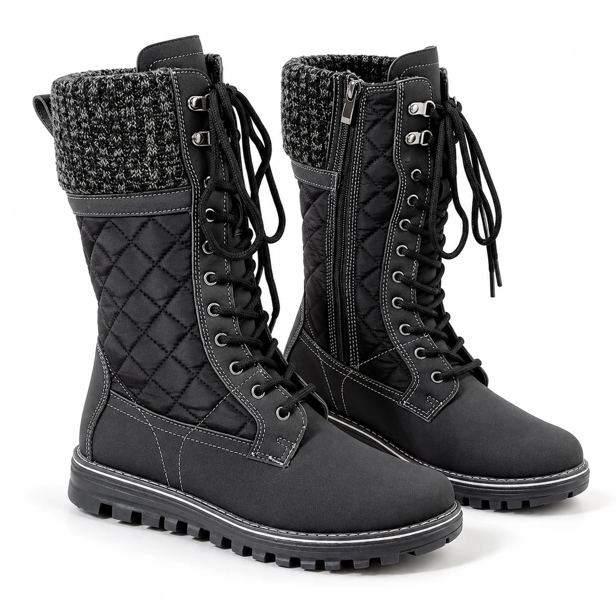 Bottes noires féminines fourrées avec lacets et panneaux matelassés pour hiver