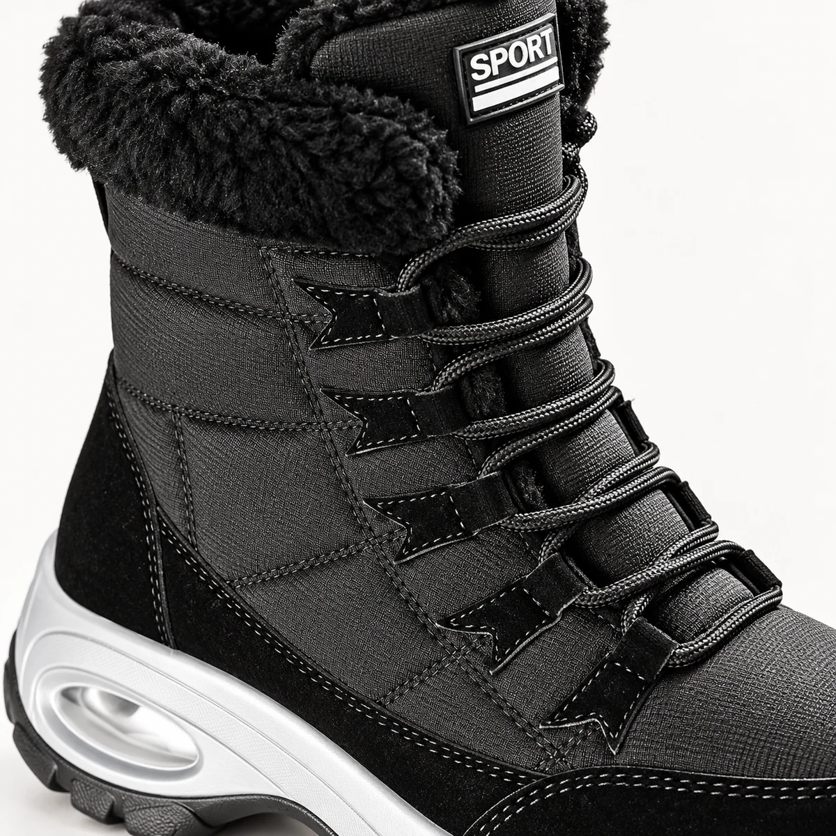 bottes femme noires fourrees a lacets et semelle argentee details matieres fermetures