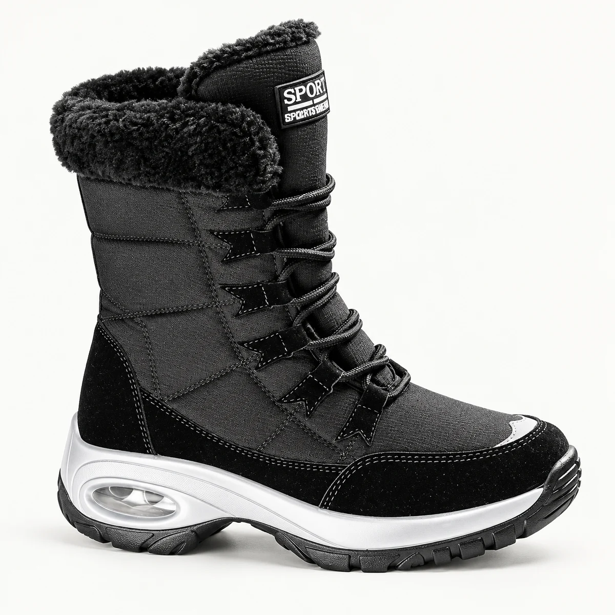 bottes femme noires fourrees a lacets et semelle argentee vue de profil