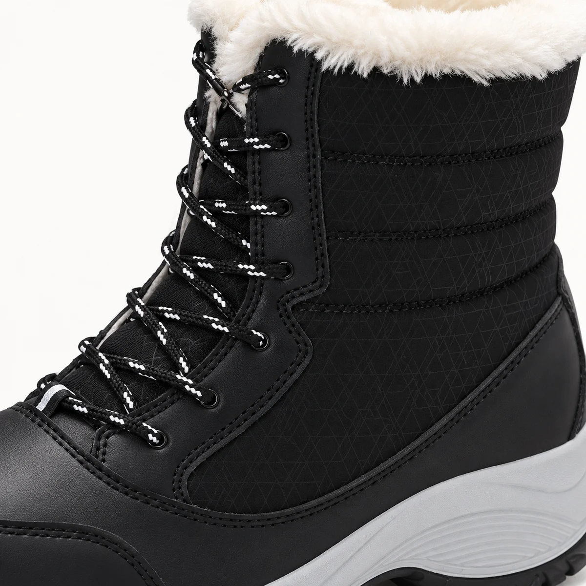 Chaussures femme élégantes noires à lacets avec semelle grise et fourrure