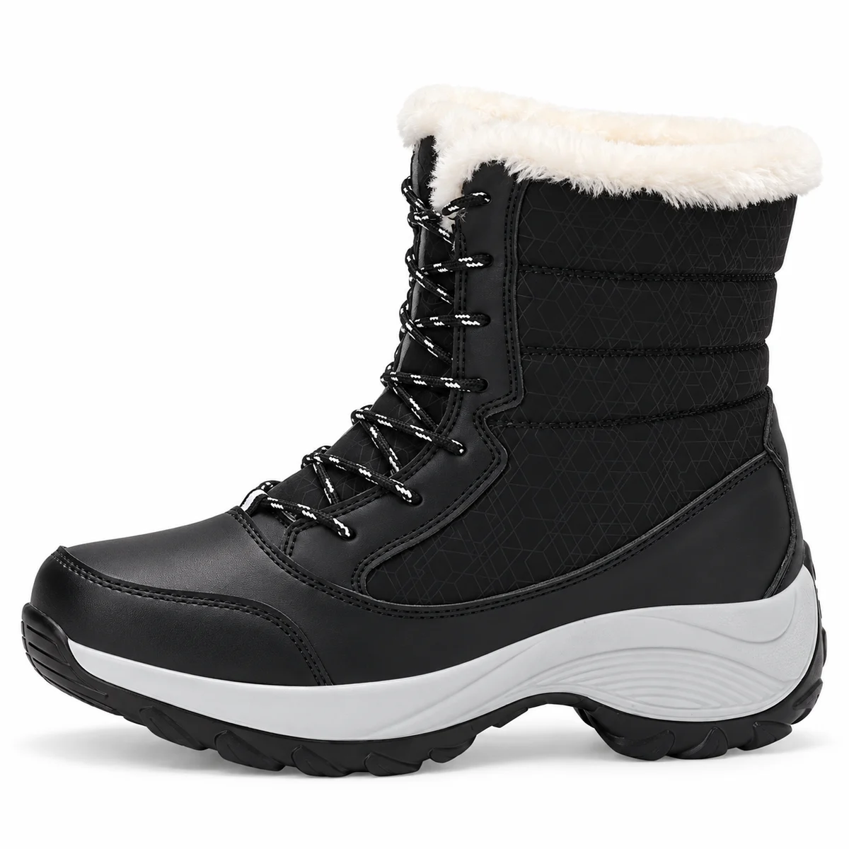 Bottes fourrées noires pour femme avec lacets et semelle grise confortables