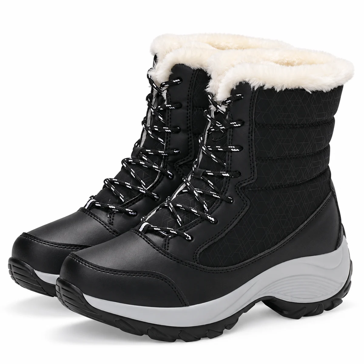 Bottes femme noires fourrées à lacets avec semelle grise élégantes