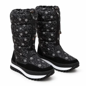 Bottes femme noires fourrées avec motifs flocons et zip pour l'hiver