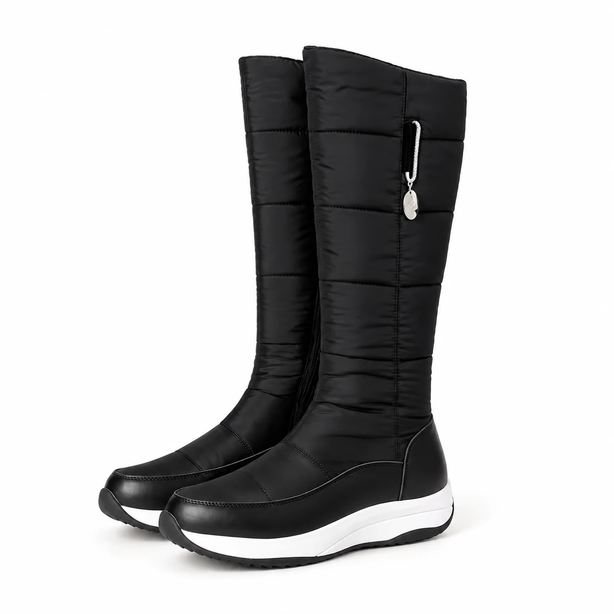 Bottes femme noires fourrées à panneaux matelassés pour hiver