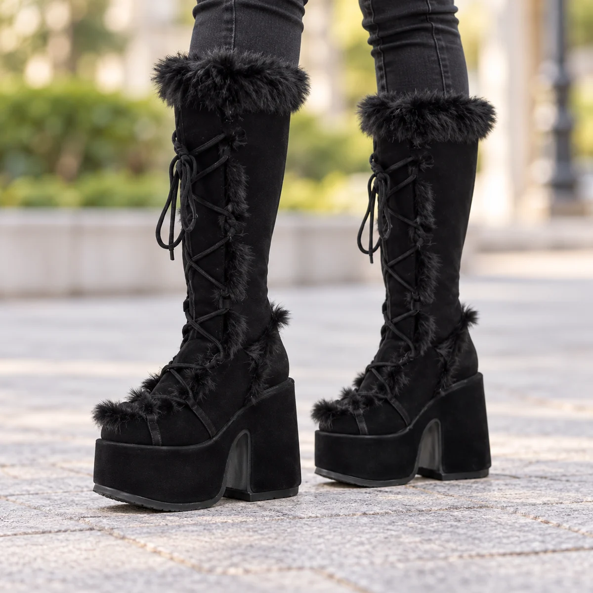 Chaussures femme noires à plateforme et lacets avec fourrure chaleureuse
