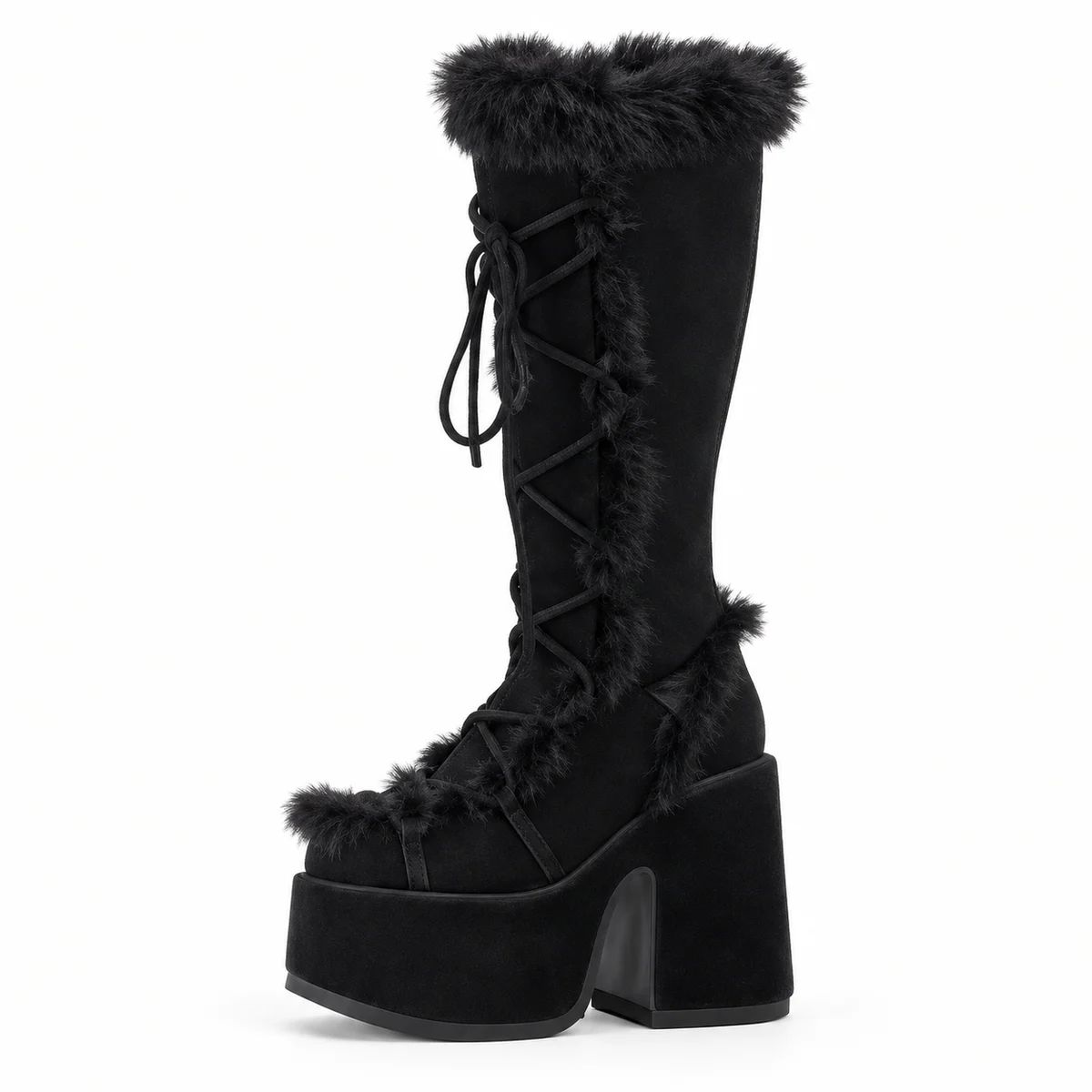 Bottes noires pour femme avec plateforme et lacets, look hivernal tendance