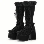 Bottes femme noires fourrées à plateforme avec lacets pour hiver chic