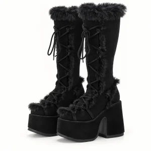 Bottes femme noires fourrées à plateforme avec lacets pour hiver chic