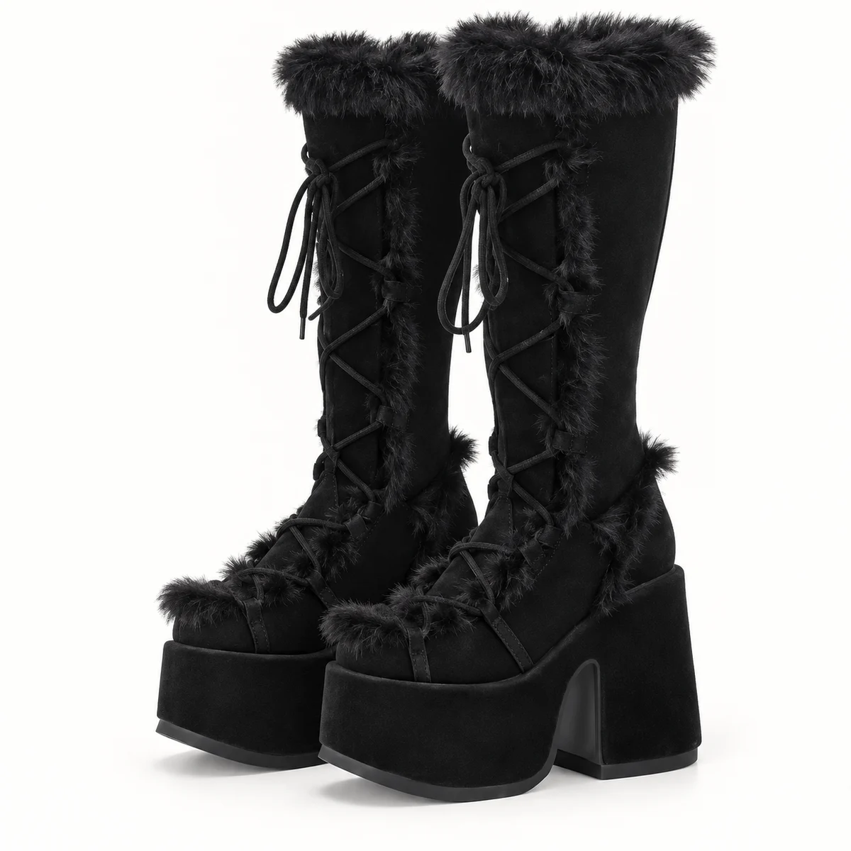 Bottes femme noires fourrées à plateforme avec lacets pour hiver chic