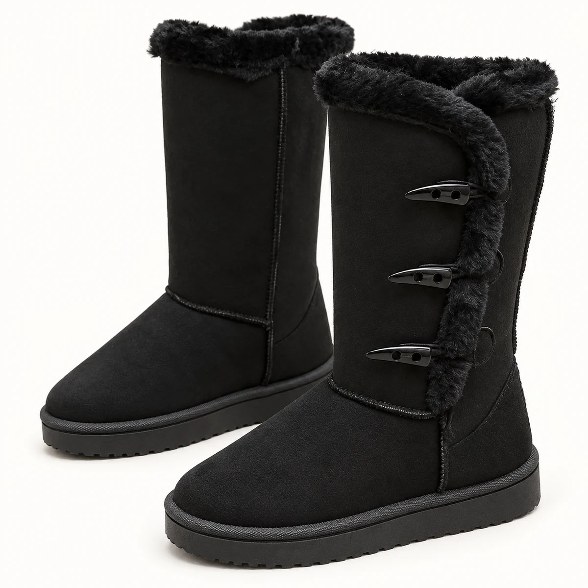 Illustration de bottes femme noires avec trois brides et doublure chaude