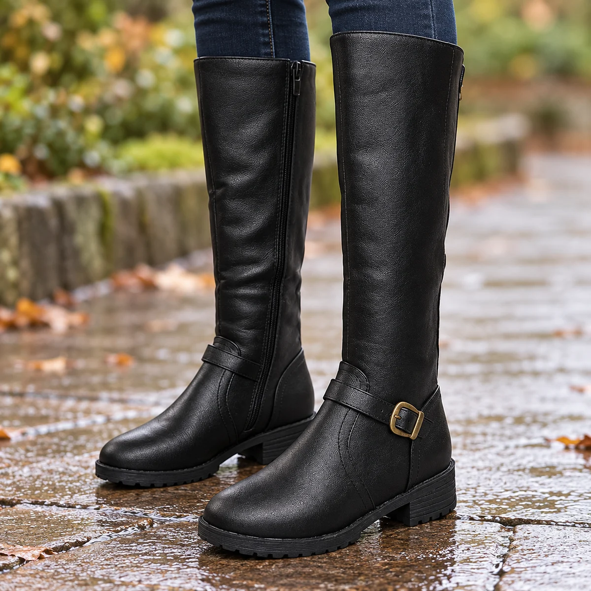 Bottes femme noires hautes à boucle et petit talon – Image 2