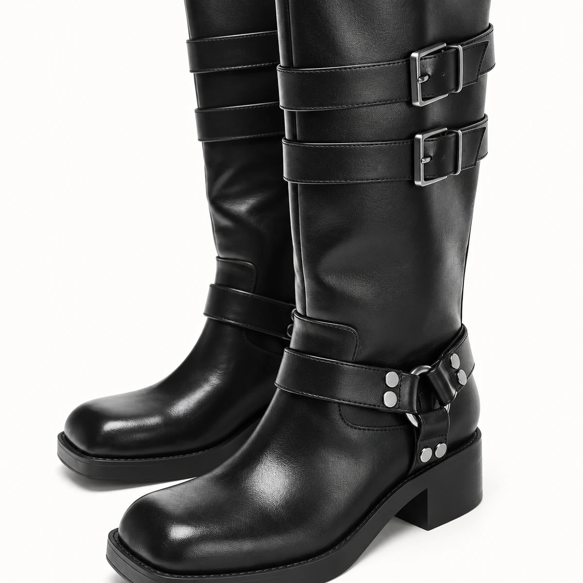 Chaussures hautes pour femmes en cuir noir avec design élégant et anneau