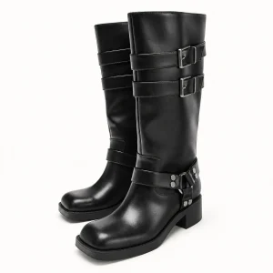 Bottes femme noires hautes à brides et anneau métallique élégantes