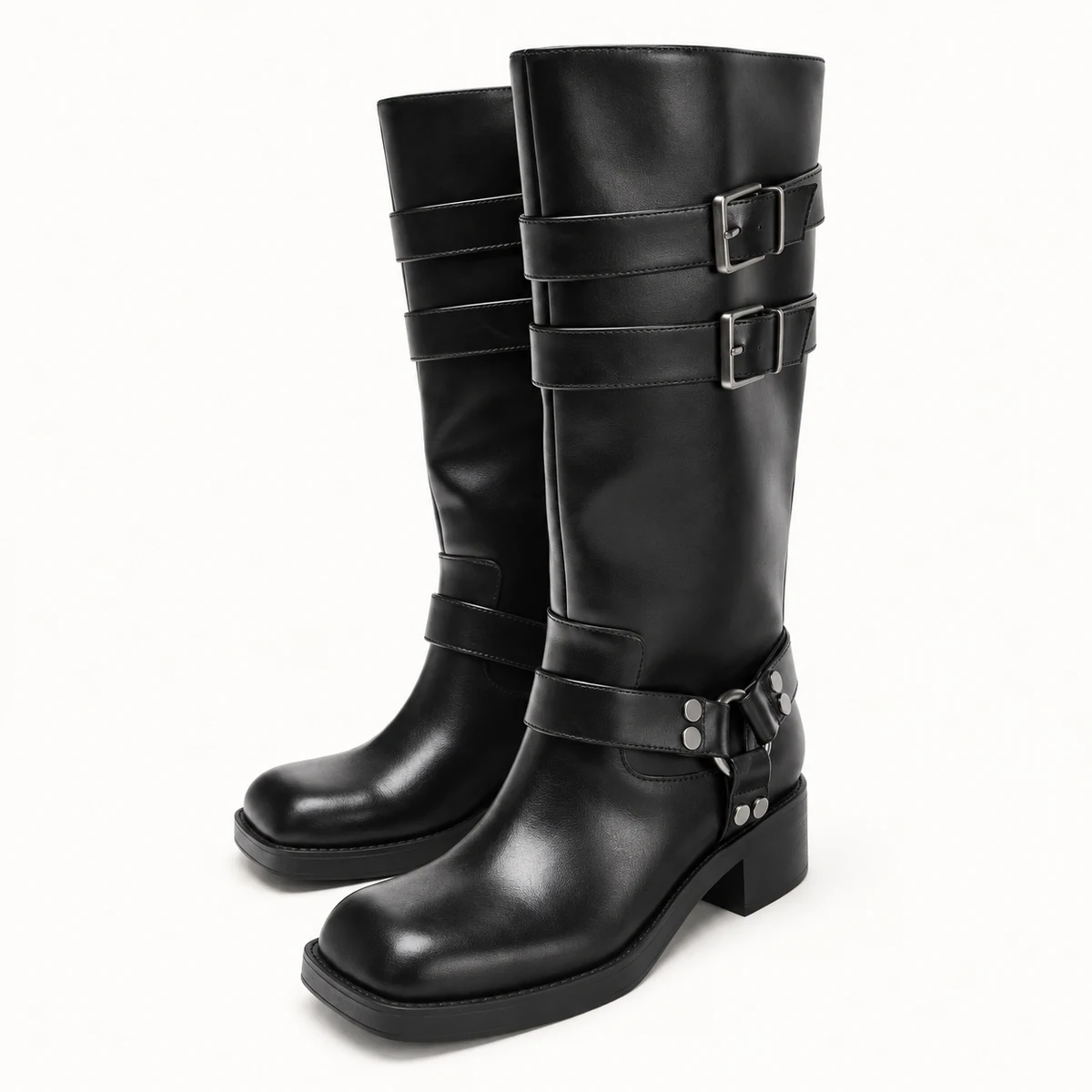 Bottes femme noires hautes à brides et anneau métallique élégantes