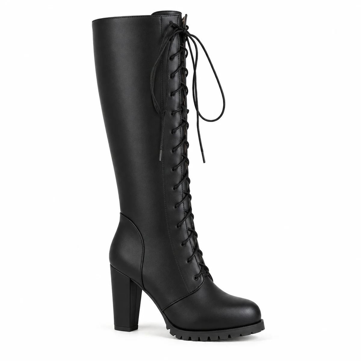 Bottes hautes noires pour femme avec lacets et talon carré tendance