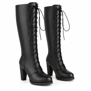 Bottes femmes noires hautes à lacets avec talon carré élégantes