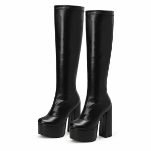 Bottes femme noires hautes à plateforme avec talon carré élégantes