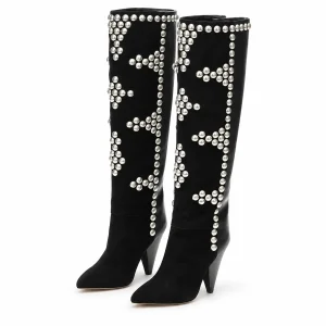 Bottes femme noires hautes à rivets décoratifs