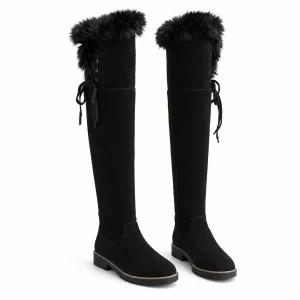 Bottes femme noires hautes fourrées avec liens latéraux élégantes