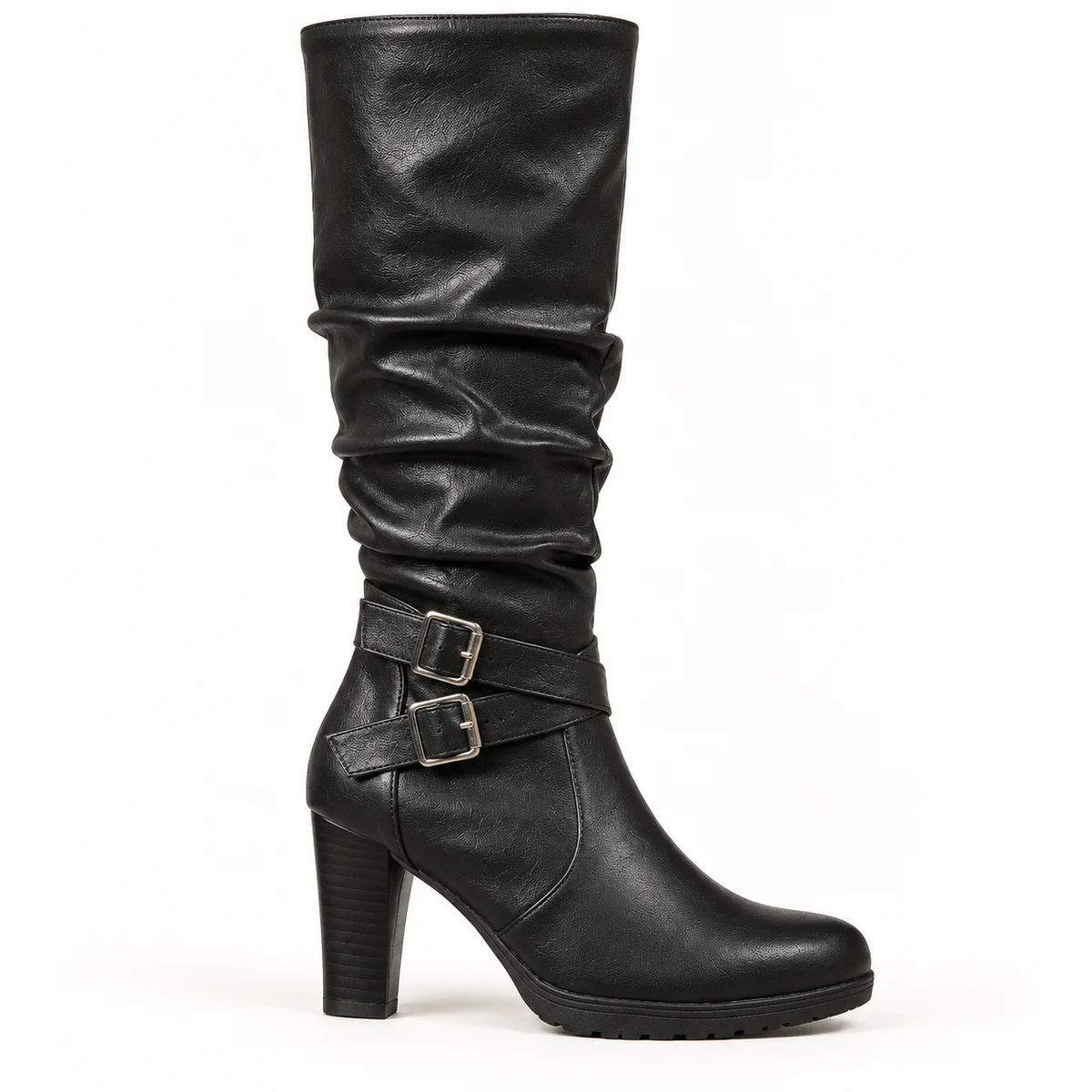 Bottes femme noires plissées à boucle et talon carré – Image 3