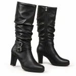 Bottes femme noires plissées à boucle et talon carré