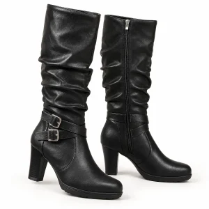 Bottes femme noires plissées à boucle et talon carré
