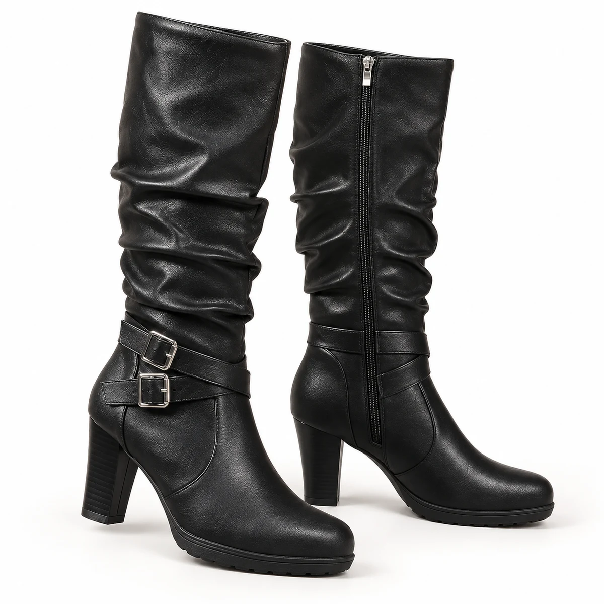 Bottes femme noires plissées à boucle et talon carré
