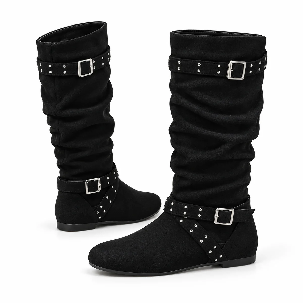 Bottes à talons pour femme en cuir noir avec détails en boucle et rivets