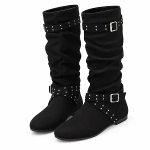 Bottes noires femme avec plissés boucle et rivets élégantes
